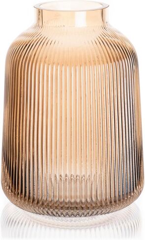 Ribbed Glass Vase, Fluted Glass Vase, Colored Glass Vase, Amber Flower Vase, Clear Glass Flower Vases for Centrepiece, Large Round Glass Vase, Decorative Vases for Living Room, Elegant Flower Vase in Saudi Arabia