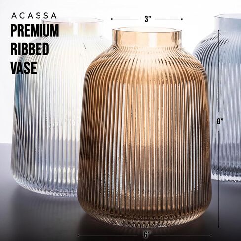 Ribbed Glass Vase, Fluted Glass Vase, Colored Glass Vase, Amber Flower Vase, Clear Glass Flower Vases for Centrepiece, Large Round Glass Vase, Decorative Vases for Living Room, Elegant Flower Vase in Saudi Arabia