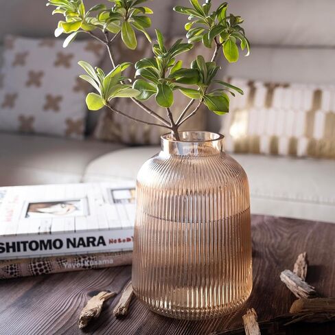 Ribbed Glass Vase, Fluted Glass Vase, Colored Glass Vase, Amber Flower Vase, Clear Glass Flower Vases for Centrepiece, Large Round Glass Vase, Decorative Vases for Living Room, Elegant Flower Vase in Saudi Arabia