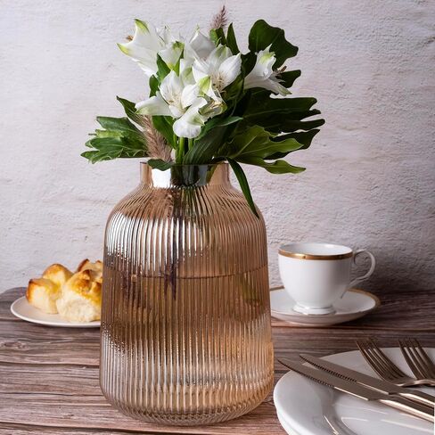 Ribbed Glass Vase, Fluted Glass Vase, Colored Glass Vase, Amber Flower Vase, Clear Glass Flower Vases for Centrepiece, Large Round Glass Vase, Decorative Vases for Living Room, Elegant Flower Vase in Saudi Arabia