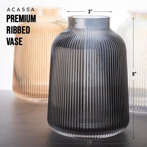 Ribbed Glass Vase, Fluted Glass Vase, Colored Glass Vase, Amber Flower Vase, Clear Glass Flower Vases for Centrepiece, Large Round Glass Vase, Decorative Vases for Living Room, Elegant Flower Vase in Saudi Arabia