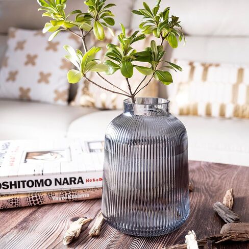 Ribbed Glass Vase, Fluted Glass Vase, Colored Glass Vase, Amber Flower Vase, Clear Glass Flower Vases for Centrepiece, Large Round Glass Vase, Decorative Vases for Living Room, Elegant Flower Vase in Saudi Arabia