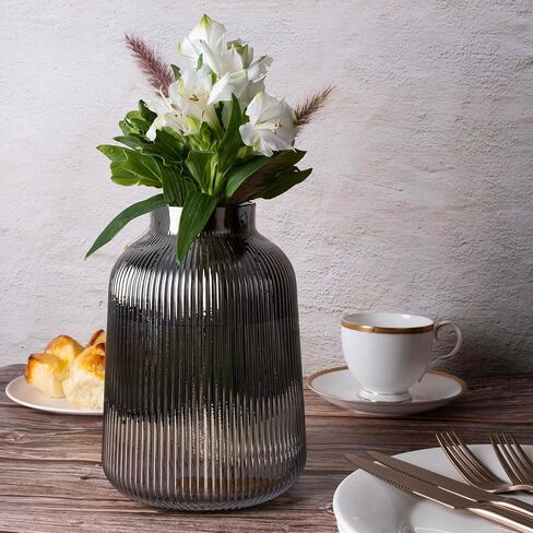 Ribbed Glass Vase, Fluted Glass Vase, Colored Glass Vase, Amber Flower Vase, Clear Glass Flower Vases for Centrepiece, Large Round Glass Vase, Decorative Vases for Living Room, Elegant Flower Vase in Saudi Arabia