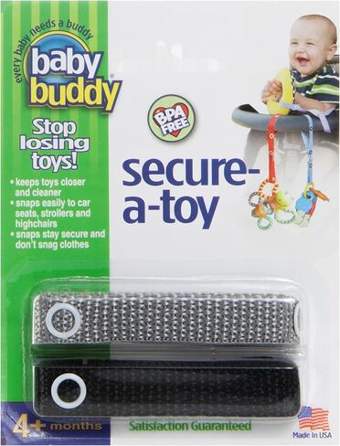 Baby Buddy Secure-a-Toy, Adjustable Pacifier and Teether Strap for Stroller, Highchair, and Car Seat, Black Gray, 2 Pack in Kuwait