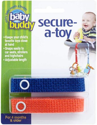 Baby Buddy Secure-a-Toy, Adjustable Pacifier and Teether Strap for Stroller, Highchair, and Car Seat, Black Gray, 2 Pack in Kuwait