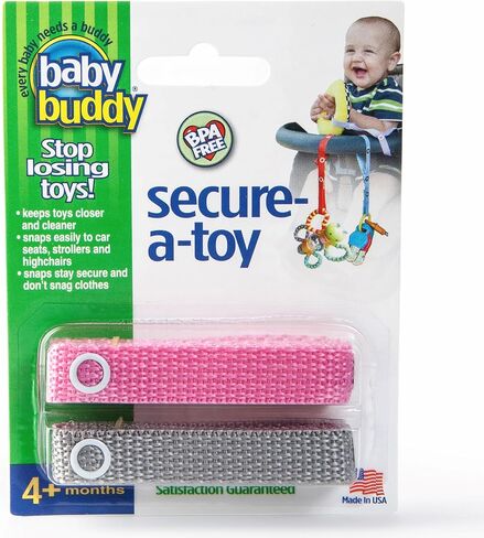Baby Buddy Secure-a-Toy, Adjustable Pacifier and Teether Strap for Stroller, Highchair, and Car Seat, Black Gray, 2 Pack in Kuwait