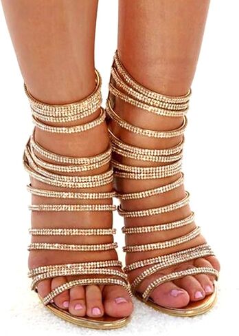 صندل نسائي من azmodo بكعب عالٍ وكعب ستيليتو من Gladiator مفتوح من الأمام باللون الذهبي in Kuwait