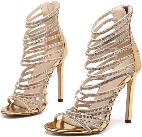 صندل نسائي من azmodo بكعب عالٍ وكعب ستيليتو من Gladiator مفتوح من الأمام باللون الذهبي in Kuwait