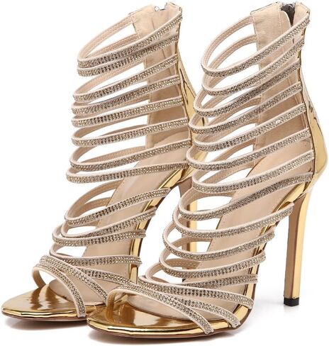 صندل نسائي من azmodo بكعب عالٍ وكعب ستيليتو من Gladiator مفتوح من الأمام باللون الذهبي in Kuwait