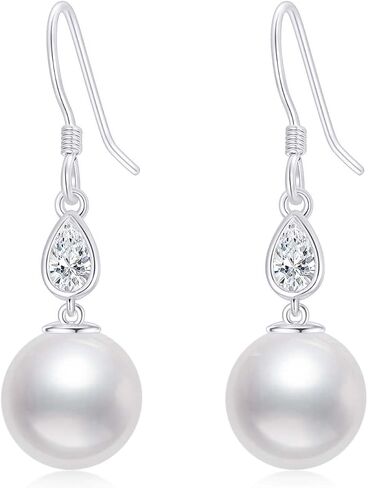 14k Gold Pearl Dangle Earrings for Women, Fine Jewelry Gifts for Her, 10 MM Freshwater Cultured Pearl, Metal, Pearl Cubic Zirconia in Saudi Arabia