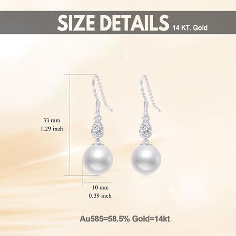 14k Gold Pearl Dangle Earrings for Women, Fine Jewelry Gifts for Her, 10 MM Freshwater Cultured Pearl, Metal, Pearl Cubic Zirconia in Saudi Arabia
