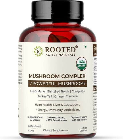 ROOTED Active's Mushroom Complex - 7 Mushrooms Blend for Heart, Liver, Gut, Energy & Immunity (60 Veg Caps, 500 mg) |U SDA Organic, 30% Beta Glucans in Saudi Arabia