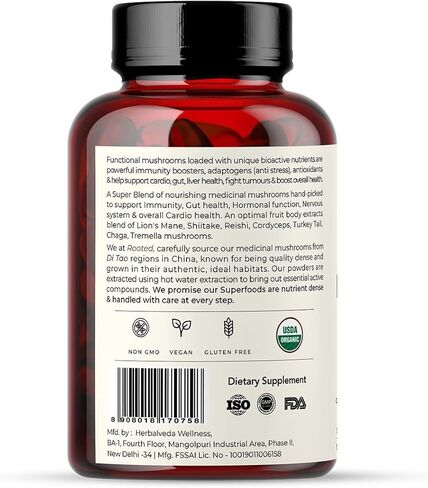 ROOTED Active's Mushroom Complex - 7 Mushrooms Blend for Heart, Liver, Gut, Energy & Immunity (60 Veg Caps, 500 mg) |U SDA Organic, 30% Beta Glucans in Saudi Arabia