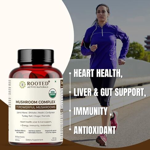 ROOTED Active's Mushroom Complex - 7 Mushrooms Blend for Heart, Liver, Gut, Energy & Immunity (60 Veg Caps, 500 mg) |U SDA Organic, 30% Beta Glucans in Saudi Arabia