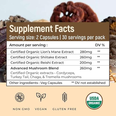ROOTED Active's Mushroom Complex - 7 Mushrooms Blend for Heart, Liver, Gut, Energy & Immunity (60 Veg Caps, 500 mg) |U SDA Organic, 30% Beta Glucans in Saudi Arabia