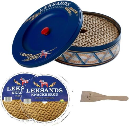 حزمة تخزين وغطاء من علبة تخزين مستديرة من Crispbread - مع أداة توزيع خبز الجاودار السويدية من Leksands Knäckebröd، الخبز المقرمش، العجين المخمر، 2 قطعة in Kuwait