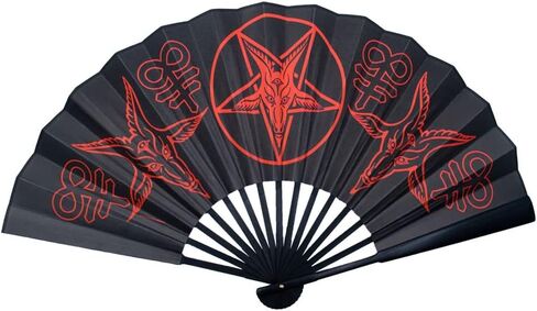 Baphomet الشيطان دائرة Leviathan الصليب الخيزران مقبض مزدوج من جانب مروحة اليد in Kuwait