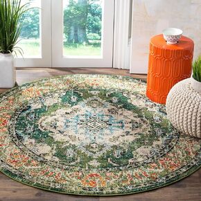 SAFAVIEH Monaco Collection Area Rug - 5' Round, Forest Green & Light Blue, Boho Medallion Distressed Design, Non-Shedding & Easy Care, Ideal for High Traffic Areas in Living Room, Bedroom (MNC243F)