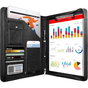 Zippered Portfolio Organizer, WRIYES Leather Padfolio with 3 Ring Binder, Professional Business Binder, Organizer for IPad/Document, Phone & Business Cards, Office Gifts for Men or Women (Black)