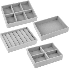 Framendino, 4 Pack Velvet Jewelry Organizer for Drawers Inserts Pink Stackable Earrings Bracelets Necklace Trays