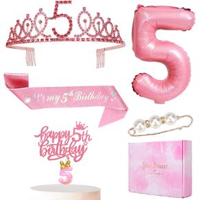 4th Pink Birthday Decorations Girl Includes Birthday Sash and Tiara Crown for Girls,Number Balloon & Candle,Birthday Cake Topper,4 Year Old Girl Birthday Gifts Ideas Party Favor Supplies