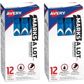 AVERY Marks-A-Lot Permanent Markers, Large Desk-Style Size, Chisel Tip, Water and Wear Resistant, 12 Blue Markers (08886)