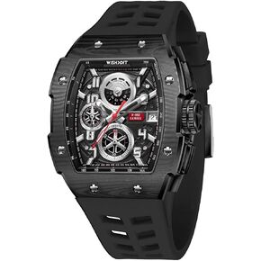 WISHDOIT F-150 Series Chronograph Muti-Function Watch Mens Luxury Tonneau Watch Calendar Date Luminous Waterproof Replica Watch for Men FKM Rubber Strap Sport Dress Casual Wristwatch, Black Case Black