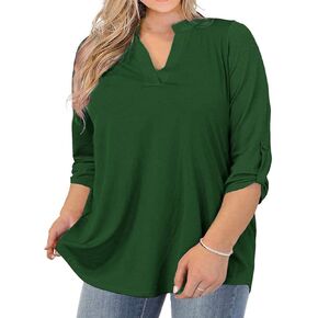 AMCLOS Womens Plus Size Tops V Neck T-Shirts Blouses Casual Soft Flowy Tunic Long Roll Tab Sleeves with Buttons(Green,3XL)