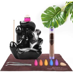 OTOFY حامل بخور مبخرة بتدفق خلفي مصنوع يدويًا مع 90 مخروطًا بخورًا + 50 مجموعة من أعواد البخور، زينة للعلاج بالروائح العطرية، ديكور منزلي، تمثال ديكورات هدايا (لوتس صغيرة سوداء) in Kuwait