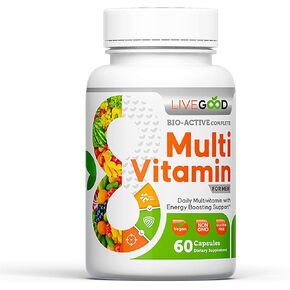 LiveGood™ Men's Bio-Active Complete Multivitamin, Daily Supplement with Vitamin A, B12, C, E, Lycopene, Vegan, 60 Capsules