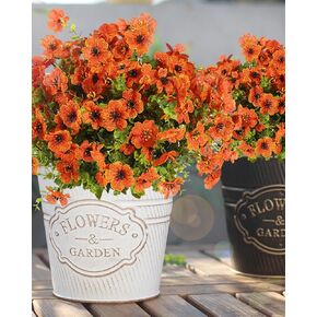 Fall Flowers Artificial for Decoration, 12 Bundles Fake Mums for Outdoor Planters, Faux Silk Autumn Flowers, Front Porch Fall Decor Garden Patio Home Aesthetic, Orange