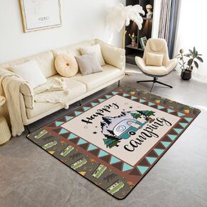 Kids Camping Area Rug 5x7, Happy Camping Rug for Boys Girls, Western Rustic Farmhouse Style Accent Rug, Vintage Cartoon Rv Car Print Decorative Area Rugs, Camper Decor Carpet Non Slip for Bedroom