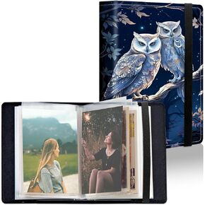 Small Photo Album 4x6 inch Owls on Branch PU Leather Cover Photo Albums with Inner Transparent Pockets,Elastic Band Design for Family Anniversary Wedding Baby Pets