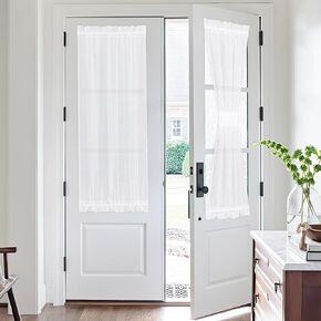 NICETOWN Sidelight French Door Sheer Curtains Set of 2 Panels for Kitchen Front Door Narrow Glass Door, 12 x 72 Inches with Tieback Semi Sheer Small Window Covering for Living Room, White