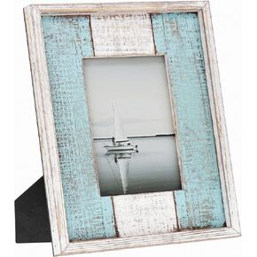 Barnyard Designs Rustic Wood Picture Frame – Farmhouse or Coastal Beach Distressed Wooden Photo Frame, White/Turquoise (5" x 7" / 1 Frame)