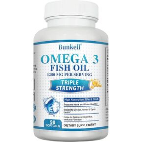 Omega 3 Fish Oil, Triple Strength Fish Oil Supplement | 1280mg of Omega 3 Fatty Acid | EPA 650mg + DHA 450mg | Burpless Fish Oil for Healthy Heart, Brain & Immune Support, 90 Softgels