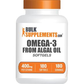 BulkSupplements.com Omega-3 Softgels - from Algal Oil, Algae Oil Omega 3 Supplement - 400mg of Omega-3, Gluten Free, 1 Softgel per Serving, 180 Count (Pack of 1)