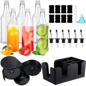 6 Sets 32oz Plastic Long Neck Bottles with Speed Pourers Spouts, Caps, Bar Glass Rimmer Tray, Plastic Bar Caddy Organizer Accessories Store and Pour Organizer Containers for Bar Supplies