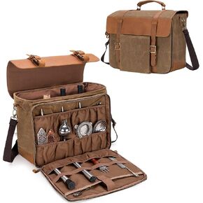 LoDrid Portable Bartender Bag for Bar Kits, Vintage Genuine Leather Waxed Canvas Travel Bar Case with Thick Inner Dividers and Adjustable Shoulder Strap for Cocktail Making, Bag Only,(Patent Design)