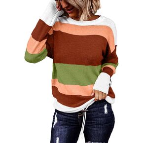 Dokotoo Sweaters for Women Color Block Sweater Round Neck Striped Winter Sweaters for Women Trendy 2024 Pink X Large
