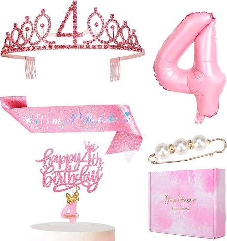 4th Pink Birthday Decorations Girl Includes Birthday Sash and Tiara Crown for Girls,Number Balloon & Candle,Birthday Cake Topper,4 Year Old Girl Birthday Gifts Ideas Party Favor Supplies in Saudi Arabia