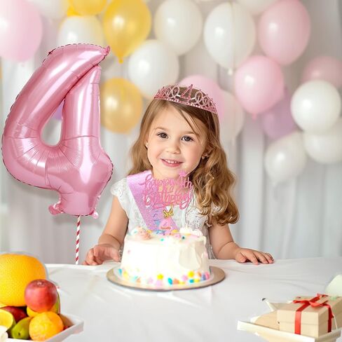4th Pink Birthday Decorations Girl Includes Birthday Sash and Tiara Crown for Girls,Number Balloon & Candle,Birthday Cake Topper,4 Year Old Girl Birthday Gifts Ideas Party Favor Supplies in Saudi Arabia