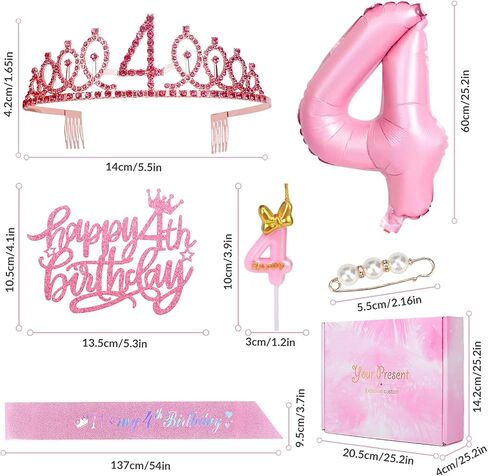 4th Pink Birthday Decorations Girl Includes Birthday Sash and Tiara Crown for Girls,Number Balloon & Candle,Birthday Cake Topper,4 Year Old Girl Birthday Gifts Ideas Party Favor Supplies in Saudi Arabia