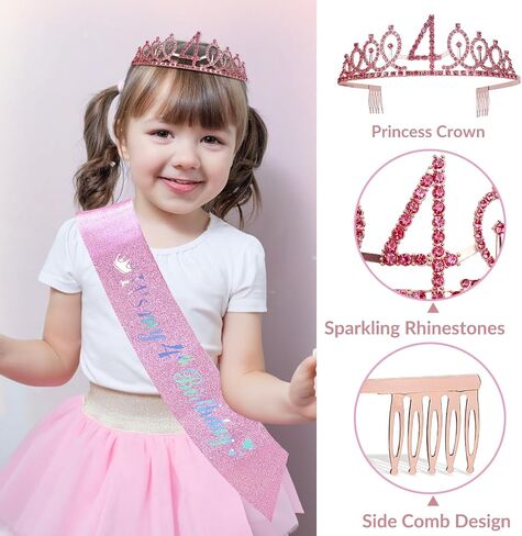 4th Pink Birthday Decorations Girl Includes Birthday Sash and Tiara Crown for Girls,Number Balloon & Candle,Birthday Cake Topper,4 Year Old Girl Birthday Gifts Ideas Party Favor Supplies in Saudi Arabia