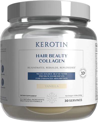 Kerotin Hair Beauty Collagen Multi-Blend Powder Supplement. Supports Hair Growth & Scalp Elasticity. Improves Skin, Bone & Nails Health. Free of Artificial Sweeteners & Flavors. Made in USA. (Vanilla) in Saudi Arabia