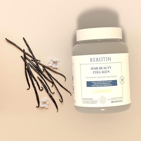 Kerotin Hair Beauty Collagen Multi-Blend Powder Supplement. Supports Hair Growth & Scalp Elasticity. Improves Skin, Bone & Nails Health. Free of Artificial Sweeteners & Flavors. Made in USA. (Vanilla) in Saudi Arabia