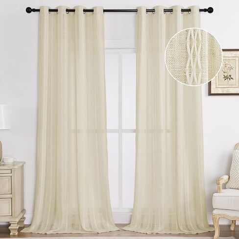 Estelar Textiler Natural Linen Grommet Top Curtains 84 Inch Length 2 Panels Set for Living Room, Boho Farmhouse Textured Embroidered Curtains for Bedroom, Light Filtering Semi Sheer Drapes, 52Wx84L in Saudi Arabia