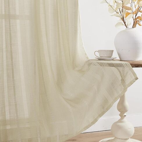 Estelar Textiler Natural Linen Grommet Top Curtains 84 Inch Length 2 Panels Set for Living Room, Boho Farmhouse Textured Embroidered Curtains for Bedroom, Light Filtering Semi Sheer Drapes, 52Wx84L in Saudi Arabia