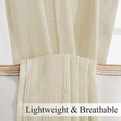 Estelar Textiler Natural Linen Grommet Top Curtains 84 Inch Length 2 Panels Set for Living Room, Boho Farmhouse Textured Embroidered Curtains for Bedroom, Light Filtering Semi Sheer Drapes, 52Wx84L in Saudi Arabia