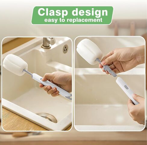 Bottle Brush Water Bottle Cleaner - Pack of 2 Cup Cleaner Brush Set with Soft Sponge for Washing,Baby Bottle Brush,Cup Cleaner Brush,Replacement Sponge Head (White) in Saudi Arabia
